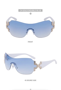 Dual view of Y2k rimless shield sunglasses in gold blue gradient with rhinestones