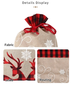 Detail showing fabric embroidery and Seiko routing on the Christmas reindeer burlap bag