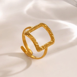 Golden open square ring with hammered texture and minimalist hollow design for women