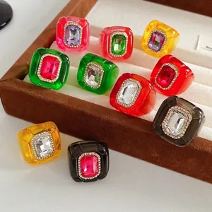 Bague Vintage Rectangulaire En Résine Avec Grand Cristal Strass Bijoux De Doigt Géométriques Pour Femme