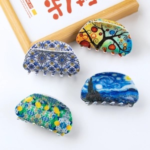Set of four artistic half-round hair claws with Van Gogh and floral resin patterns