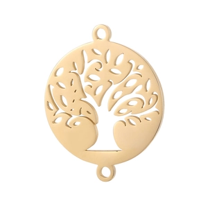 Detail view of golden stainless steel hollow tree of life pendant connector for jewelry