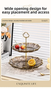Close-up of amber glass tiered fruit stand with gold handle and wave pattern