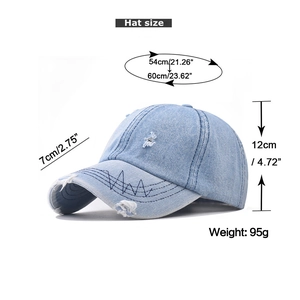 Dettaglio cappellino in denim lavato azzurro con dettagli usurati e ricami a onde nere sul bordo