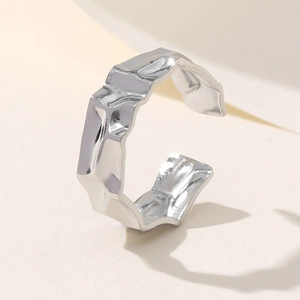Minimalist silver stainless steel open ring with unique irregular hammered texture finish