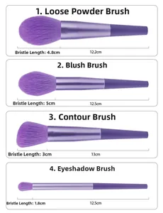 Détail des pinceaux de maquillage violets avec poils en fibres et dimensions précises
