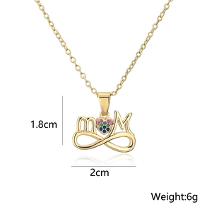 Detailed view of 18K gold MOM pendant necklace with rainbow zirconia and dimensions