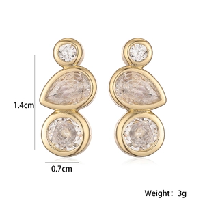 Detailed view of irregular zircon stud earrings with gold plating and size measurements
