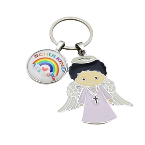 Rainbow metal keychain with silver angel pendant and Schulkind engraving for school children