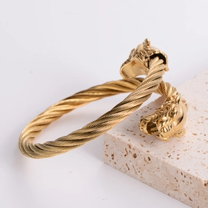 Gold Plated Stainless Steel Beast Head Open Bangle Twisted Wire Cable Bracelet Punk Hip Hop Jewelry For Men