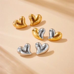 Stainless Steel Heart Stud Earrings 3D Puffy Minimalist Gold Plated Fashion Jewelry For Women Korean Style