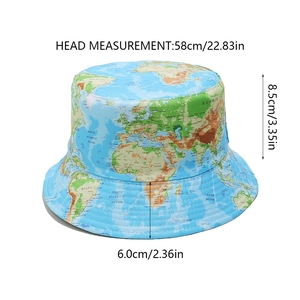 Detail of world map print bucket hat with dimensions 58cm head girth and 6cm wide brim