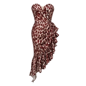 Burgundy leopard print strapless maxi dress with ruffled hem and asymmetrical design