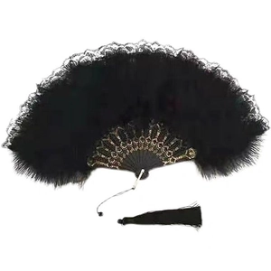 Éventail classique en plumes noires avec dentelle et pompon pour la danse traditionnelle