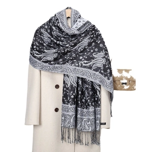 Classic black and white paisley pashmina shawl with fringe tassels for elegant styling