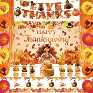 Complete Thanksgiving party decoration set with Give Thanks banner and festive balloons