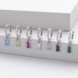Elegant 925 sterling silver hoop earrings with rectangular colorful zircon pendants