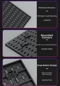 Detail of black pegboard showing reinforced back, rounded edges, and adhesive mount