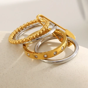 18K gold plated multi-layer stackable ring set with safety pin charm and zircons
