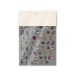 Thin 5D nail art stickers with tiger head, hummingbird and flower embroidery designs