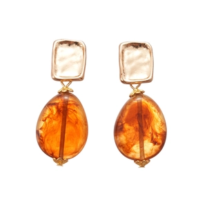 Vintage gold square metal earrings with amber resin waterdrop pendants on white background