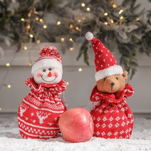 Christmas Gift Bag Knitted Plush Santa Snowman Reindeer Reusable Drawstring Candy Apple Packaging Holiday Party Favors Decoration