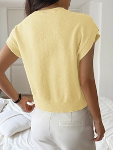 Short sleeve yellow knit sweater for women with V-neck casual style seen from the back