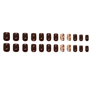 24pcs short square press-on nails in vintage brown leaf art and glossy coffee finish