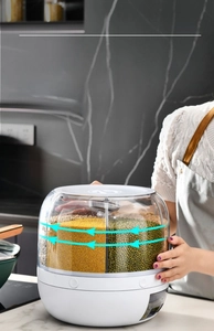 Detailed view of a 360-degree rotating grain storage container with transparent compartments