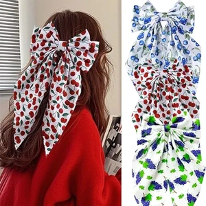 Cute Fruit Print Cloth Bow Hair Clip With Long Ribbon Sweet Cherry Strawberry Pattern Handmade Women Hairpin Accessories