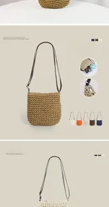 Detail of woven straw bucket bag showing fine paper rope texture and zipper closure