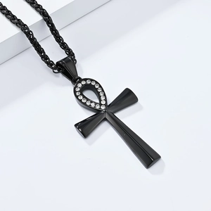 Black stainless steel Ankh cross necklace with crystal inlay on a white twist chain