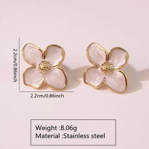 Detail showing 2.2cm pink enamel flower earrings with golden stainless steel frames