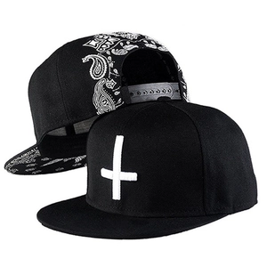 Hip Hop Flat Bill Baseball Cap Black Polyester With Cross Embroidery And Paisley Print Adjustable Snapback For Men Women