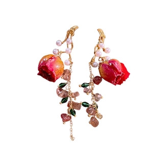 Floral drop earrings with red rose buds, pearls, strawberry crystals and gold tassels