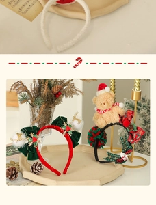 Detail view of Christmas headband with teddy bear, velvet bow and festive reindeer decor