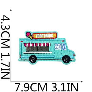 Detailed size view of light blue food truck embroidered patch for kids' clothing