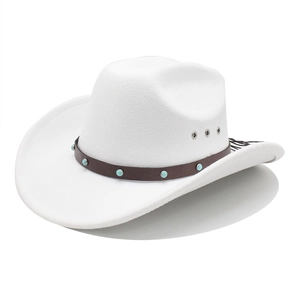 White felt western cowboy hat with brown leather band and turquoise studs