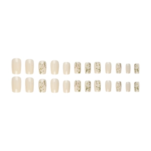 24pcs medium square press-on nails with nude colors and green leaf floral patterns