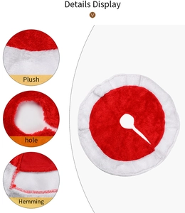 Close-up of soft plush Christmas tree skirt with red fabric and white faux fur trim