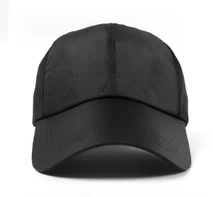 Front view of black mesh baseball cap with long brim and breathable quick-dry fabric