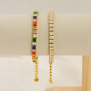 Luxury Colorful Square Zircon Tennis Bracelet Stainless Steel Gold Plated Adjustable Link Chain Jewelry For Women