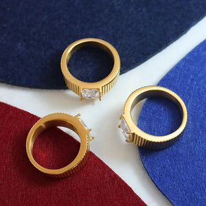 Three-piece set of 18K gold plated zircon rings with retro vertical stripe texture