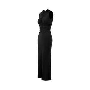 Detailed side view of black sleeveless maxi dress with textured ruched fabric details