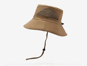 Detail of outdoor sun hat featuring mesh vents, wide brim stitching and adjustable chin cord