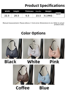 Detailed size specifications and color options for the crescent plaid shoulder bag