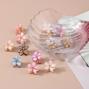 Flower Hair Claw Clips Resin Cat Eye Effect Metal Base Rhinestone Faux Artificial Pearl Small Bangs Grips Elegant Korean Style For Women