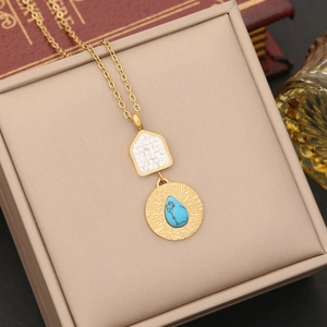 Detail of turquoise teardrop pendant and diamond-encrusted accents on golden necklace