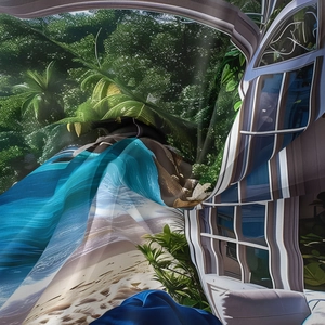 Detail view of silky fabric showing tropical beach print and vibrant palm forest textures