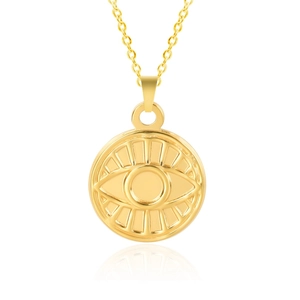 Detailed macro shot of a gold evil eye pendant necklace with radial lines and reflection